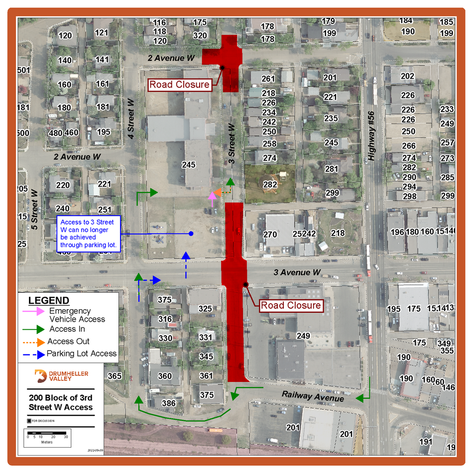 Aerial view of 3 Street West road closures and detour routes 