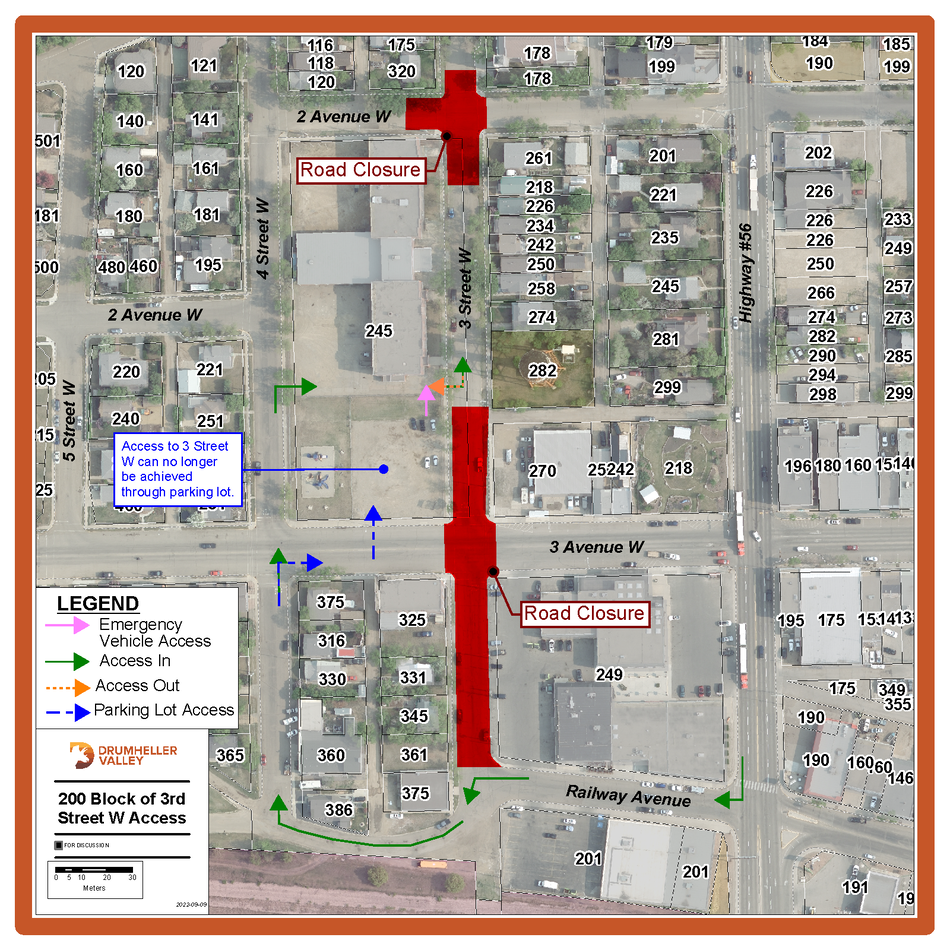 Aerial view of 3 Street West road closures and detour routes