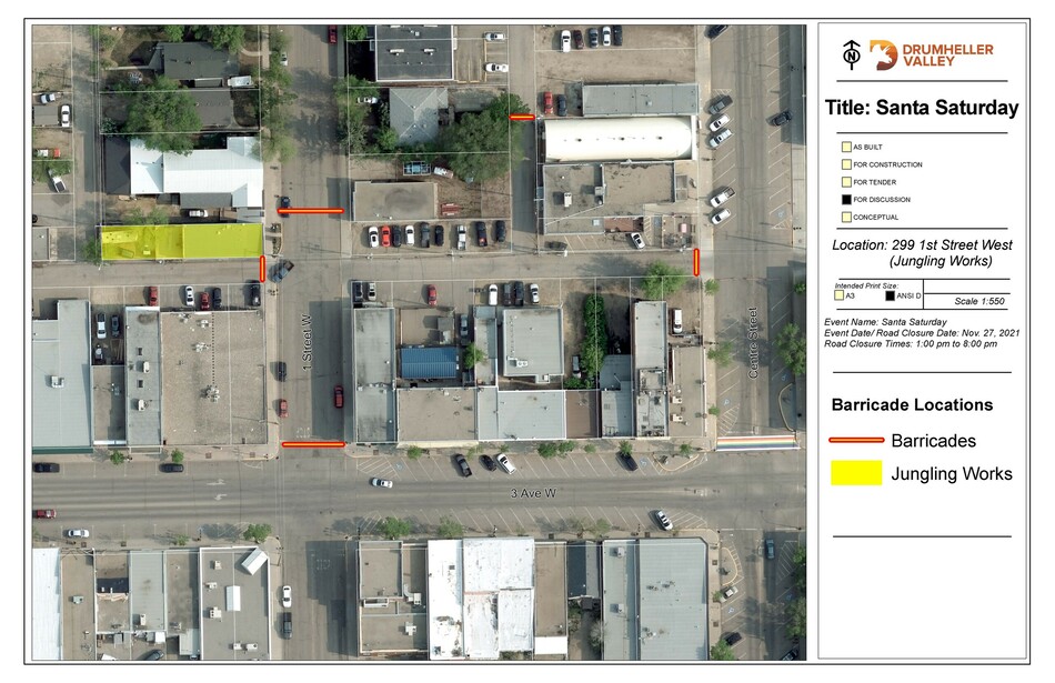 Aerial view of Downtown road closures 