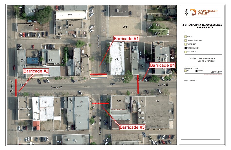 Aerial view of Centre Street and 3 Avenue road closures